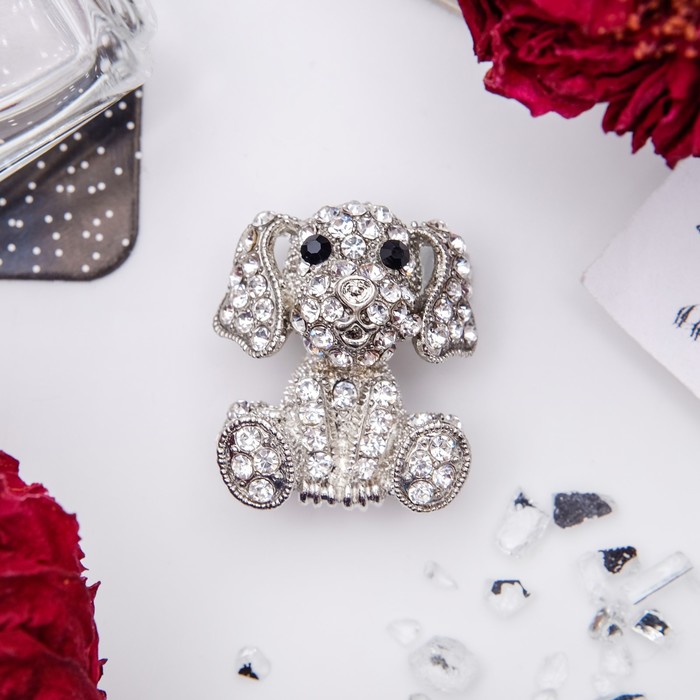 Брошь "Собака" бобик, цвет белый в серебре