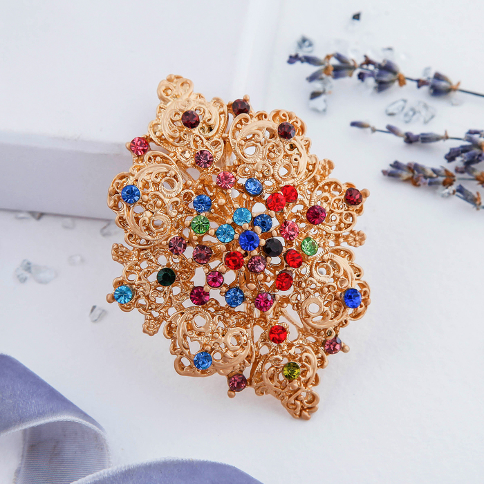 Брошь "Роскошь" ажура, цветная в золоте