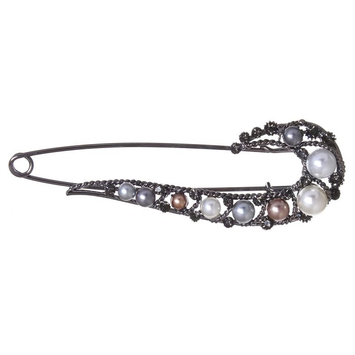 Булавка "Крючок" с жемчугом, 10,5 см, цветная в черненом серебре