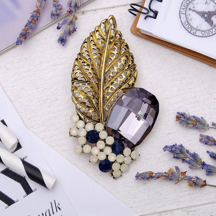 Брошь "Лист" россыпь камней, цвет серо-синий в черненом золоте