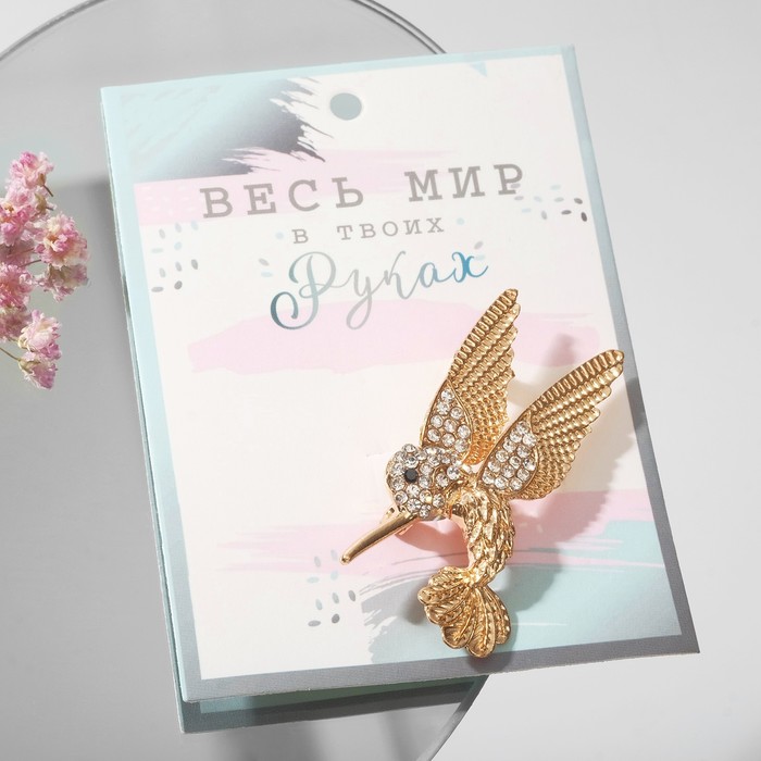 

Брошь "Птица" колибри, цвет белый в золоте