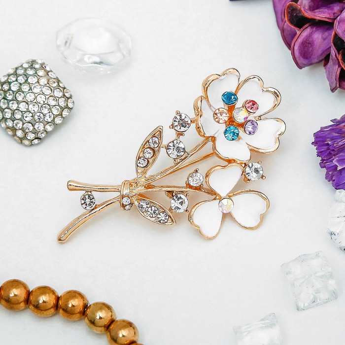 Брошь "Цветы" букетик, цвет белый в золоте