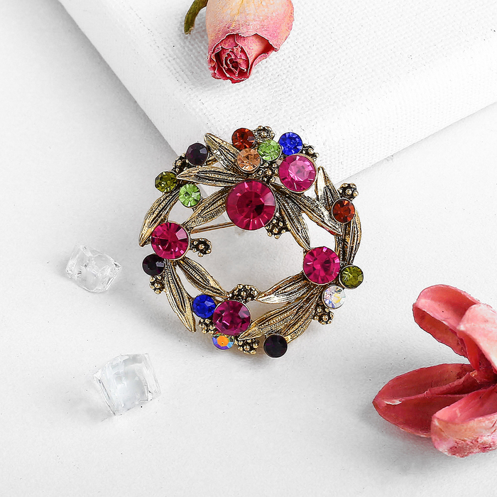 Брошь "Венок", цветная в чернёном золоте