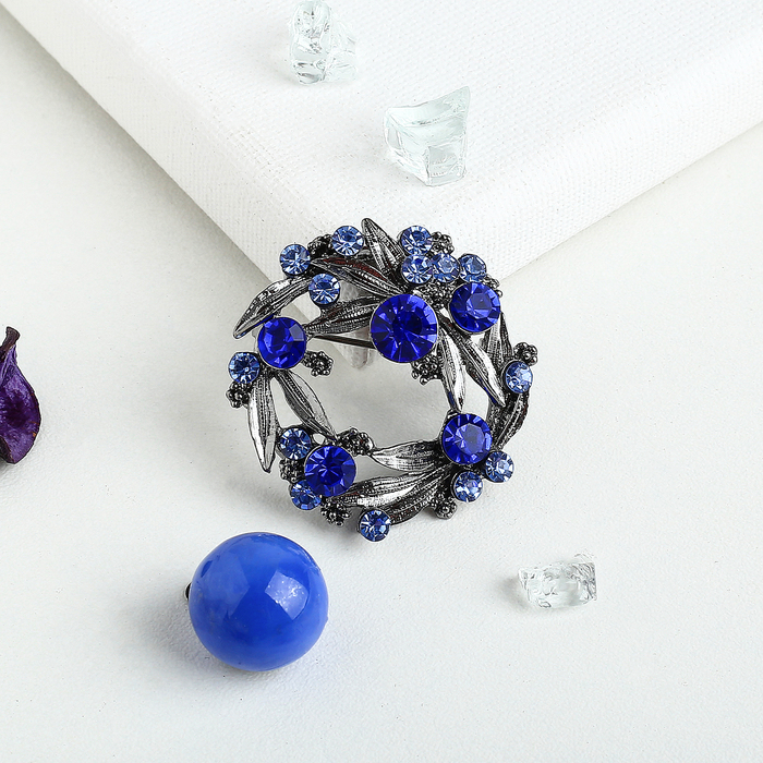 Брошь "Венок", цвет синий в чернёном серебре