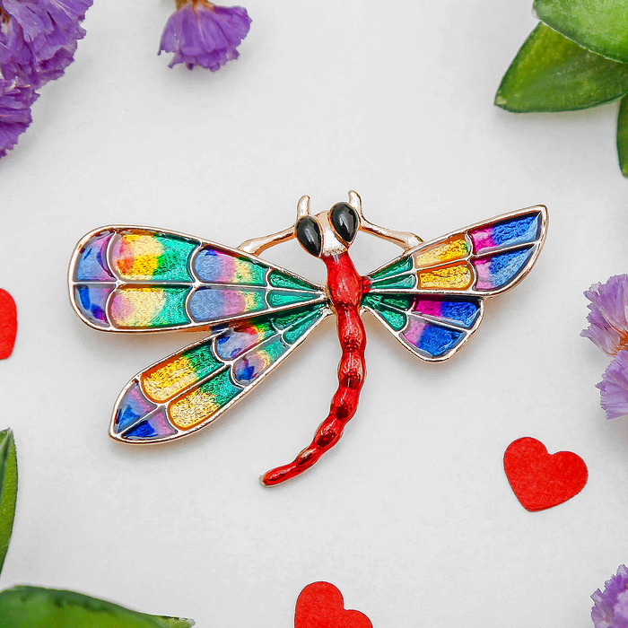 Брошь "Стрекоза" в полёте, цветная в золоте