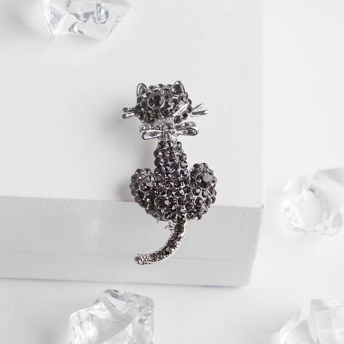 Брошь "Котик" отвернувшийся, цвет серый в серебре