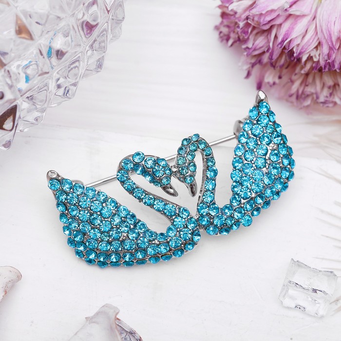 Брошь "Лебеди" пара, цвет голубой в серебре