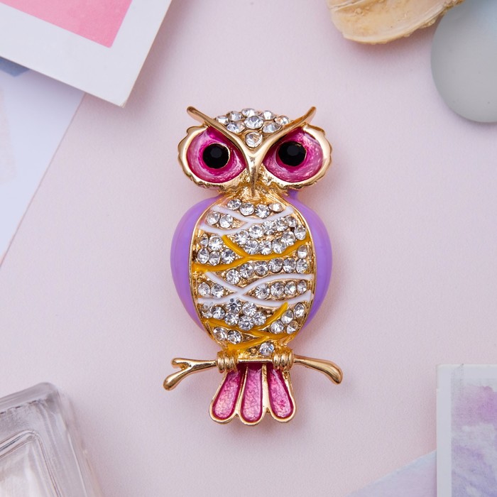 Брошь "Сова" на веточке, цвет жёлто-фиолетовый в золоте