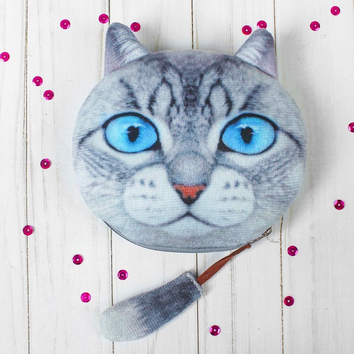 Мягкий кошелёк "Серый котик", на застёжке хвостик