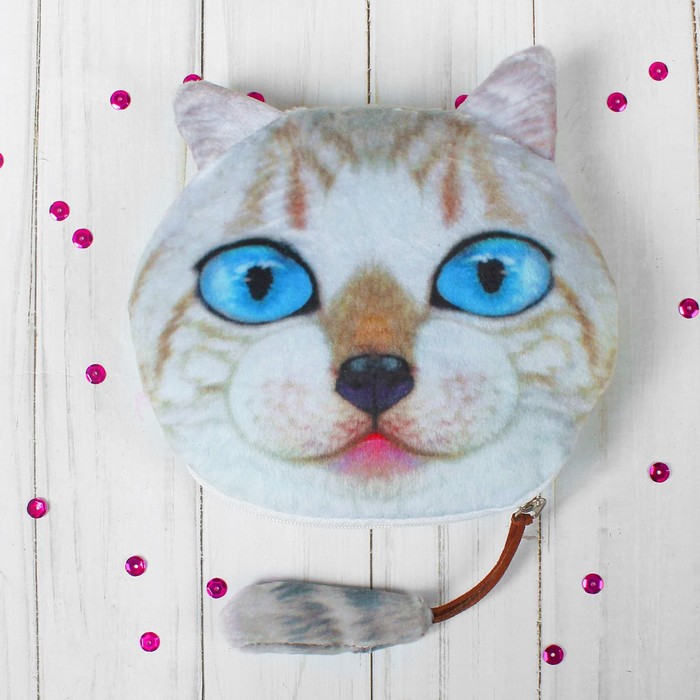 Мягкий кошелёк "Серый котик", чёрный носик, на застёжке хвостик