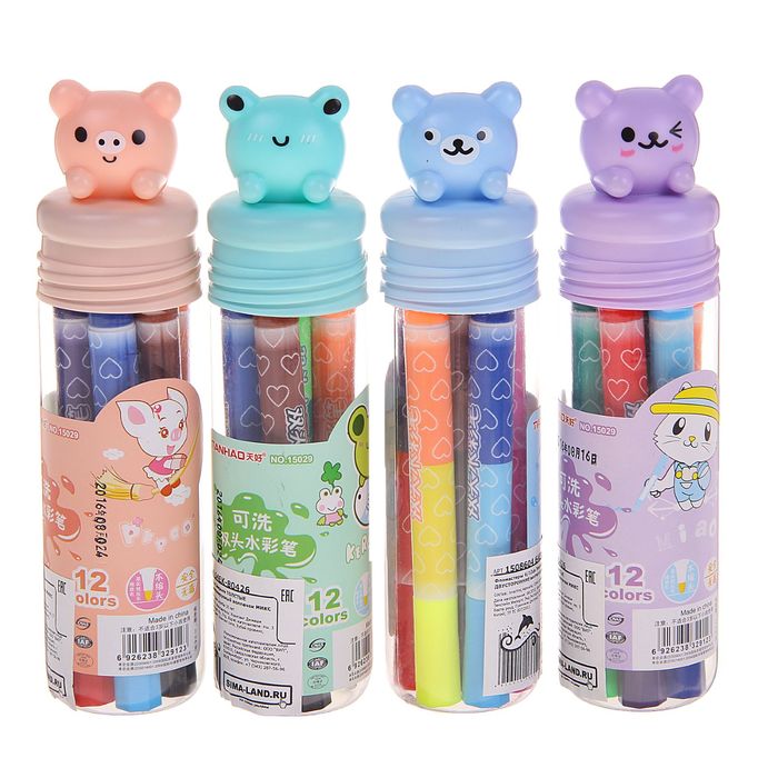 Фломастеры 6 штук - 12 цветов Зверьки ,толстые, двусторонние,вентилируемый колпачок МИКС