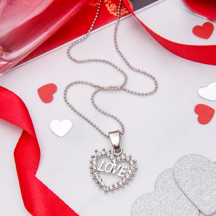 Кулон "Сердце" с надписью, цвет белый в серебре, 45см