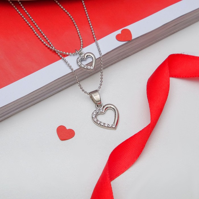 Кулон "Сердце" дуэт, двойная цепочка, цвет белый в серебре, 45см