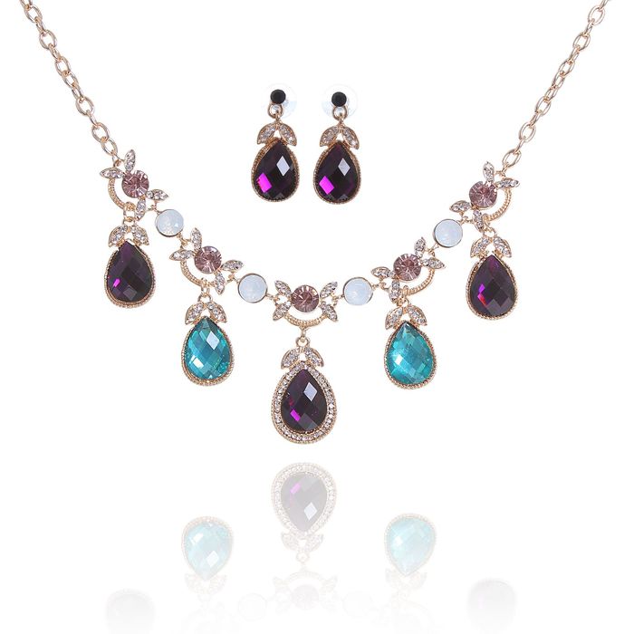 Набор 2 предмета: серьги, колье "Капли", цвет малиново-голубой в золоте