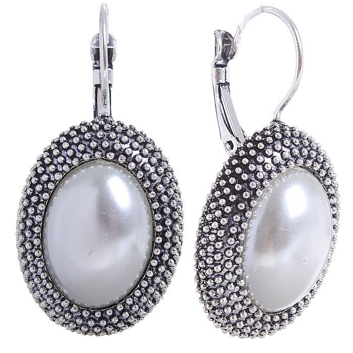 Серьги с жемчугом "Овал" узор, цвет белый в чернёном серебре