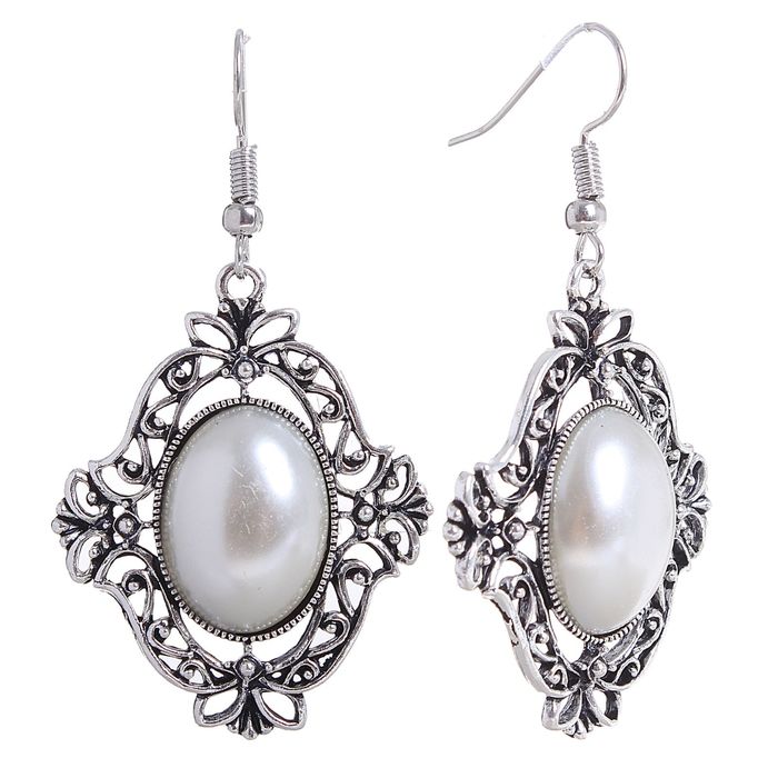 Серьги с жемчугом "Овал" узор ажурный, цвет белый в чернёном серебре