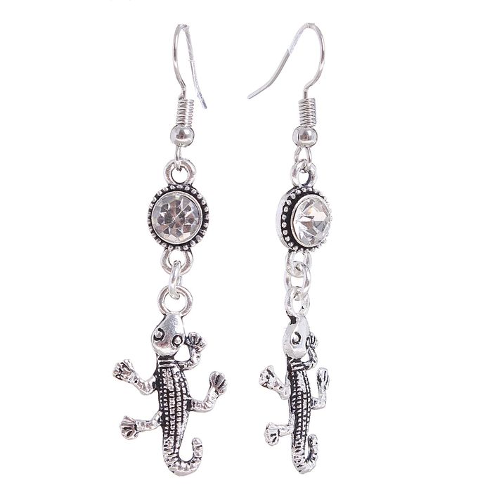 Серьги со стразами "Ящерица", цвет белый в чернёном серебре