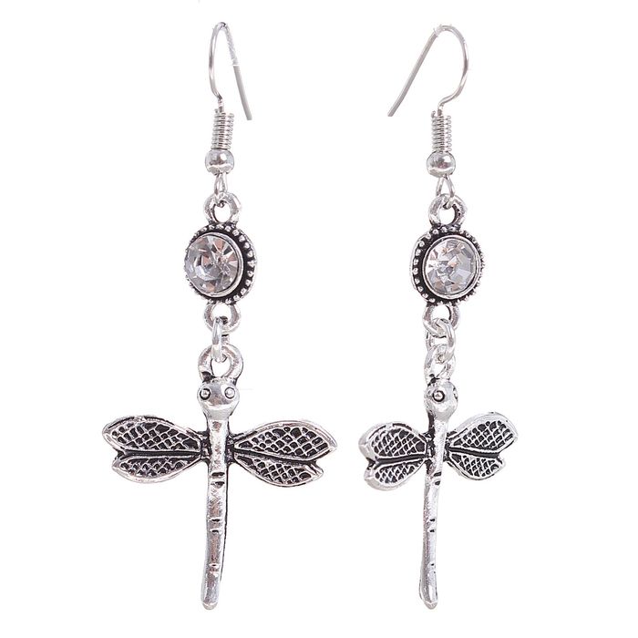 Серьги со стразами "Стрекоза", цвет белый в чернёном серебре