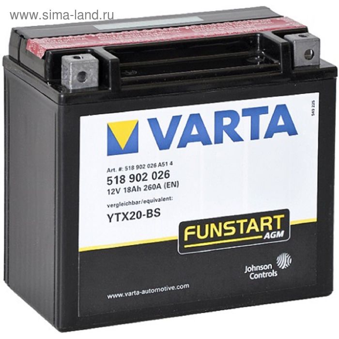 аккумуляторная батарея varta 16 ач moto 516 016 012 yb16al a2 Аккумуляторная батарея Varta 18 Ач Moto AGM 518 902 026 (YTX20-BS)