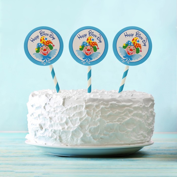Топпер "С Днем рождения" клоун, голубой цвет (6 шт на держателе)
