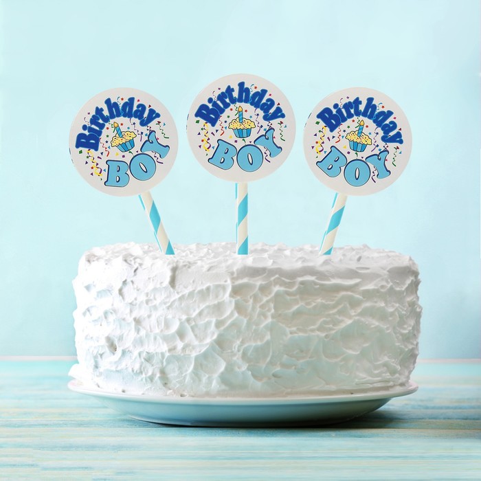 Топпер "С Днем рождения" для мальчика (6 шт на держателе)