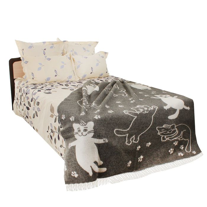 Плед шерстяной Коты 140х200 см, бел/сер, 70% шерсть Мериноса, 30% п/э