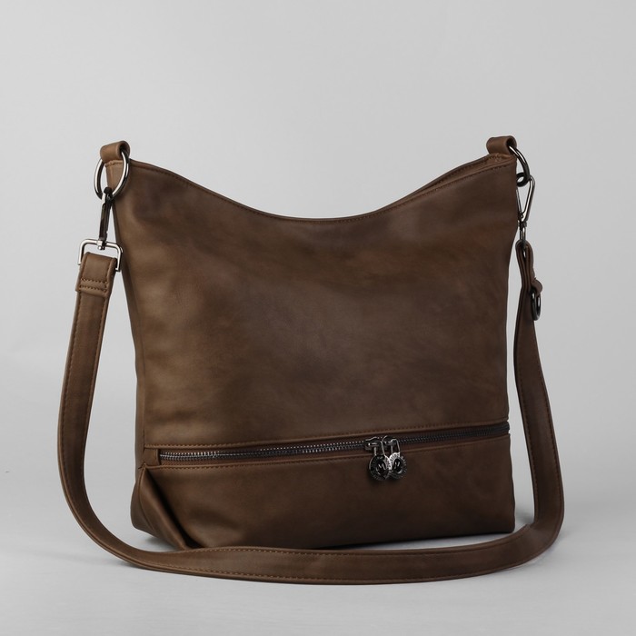 Сумка женская на молнии, 1 отдел, 2 наружных кармана, длинный ремень, коричневая