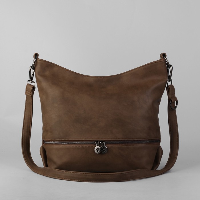 Сумка женская на молнии, 1 отдел, 2 наружных кармана, длинный ремень, коричневая