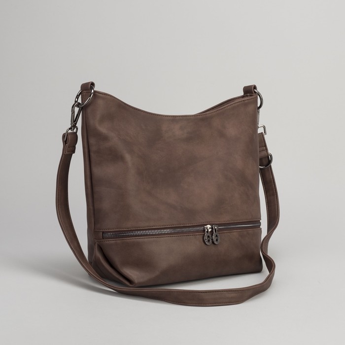 Сумка женская на молнии, 1 отдел, 2 наружных кармана, длинный ремень, коричневая