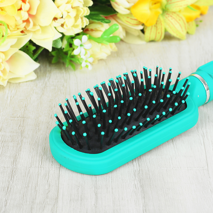 Расчёска массажная, прорезиненная, с зеркалом, прямоугольная, цвет бирюзовый