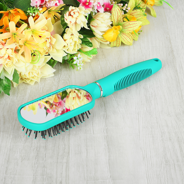 Расчёска массажная, прорезиненная, с зеркалом, прямоугольная, цвет бирюзовый