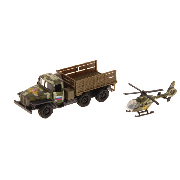 Машина металлическая инерционная "УРАЛ 12 см с вертолётом", двери открываются