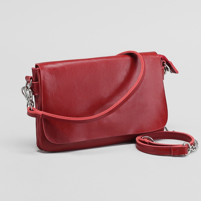 Сумка женская на молнии, 3 отдела с перегородкой, наружный карман, длинный ремень, цвет красный