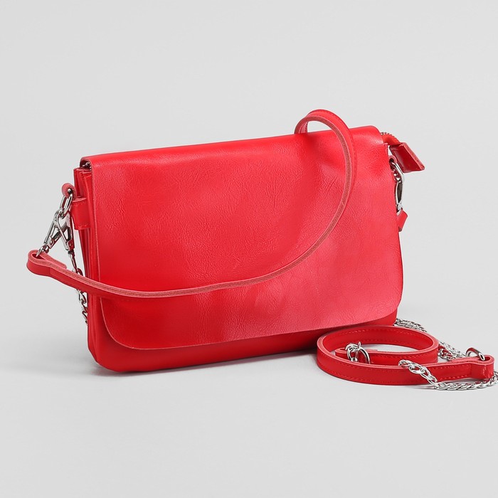 Сумка женская на молнии, 3 отдела с перегородкой, наружный карман, длинный ремень, красная