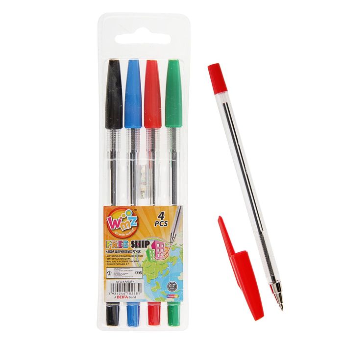 Набор ручек шариковых микс 4 цвета Beifa 0.7 синяя, черная, красная, зеленая АА 927-4