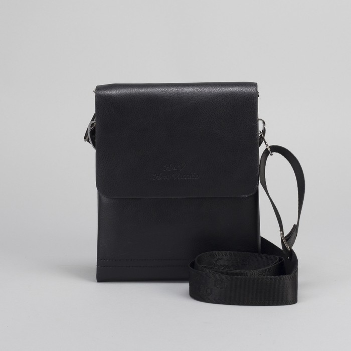 Планшет мужской, 3 отдела, 2 наружных кармана, длинный ремень, чёрный