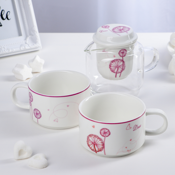 Набор чайный "Одуванчики", 3 предмета: чайник 350 мл, 2 чашки 200 мл