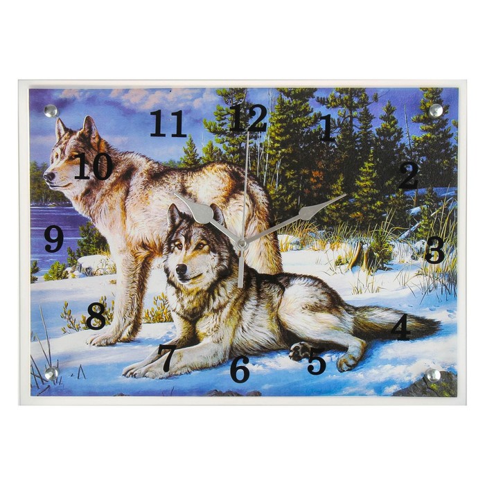 часы картина настенные серия животный мир волки в зимнем лесу 20 х 25 см Часы настенные, серия: Животный мир, Волки в Зимнем Лесу, 30х40 см