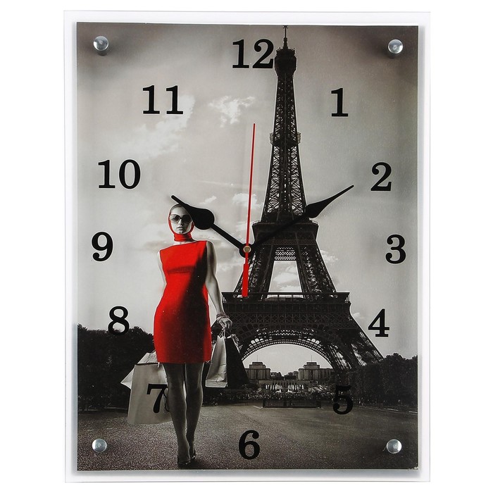 фото Часы настенные, серия: город, "девушка в красном платье в париже", 30х40 см, микс сюжет
