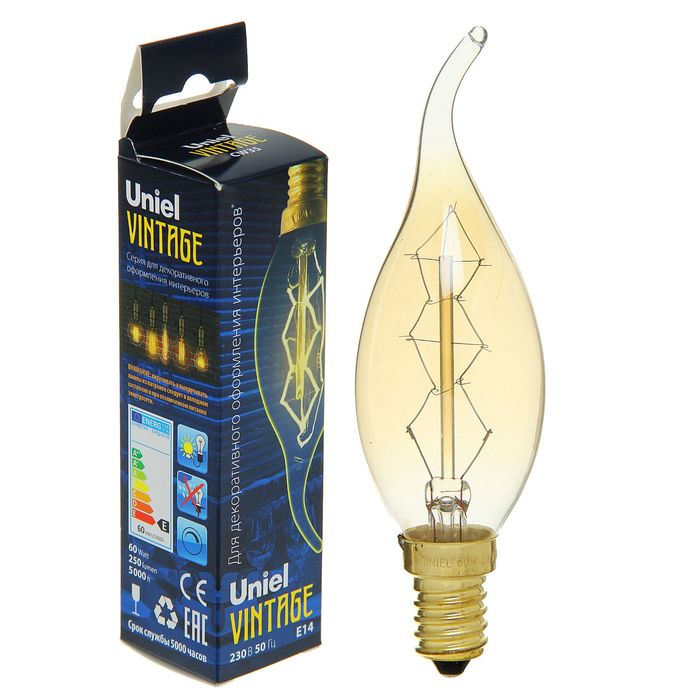 Лампа накаливания Uniel Vintage CW35, Е14, 60 Вт, 230 В, форма нити ZW, свеча на ветру