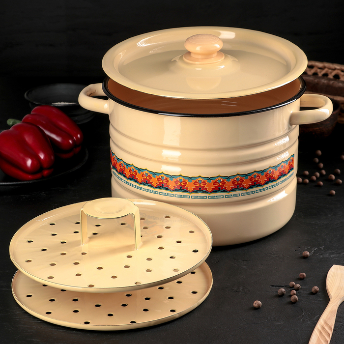 Мантоварка-позница 7,5 л, декор, 2 вставки, пластмассовая ручка, цвет палевый МИКС