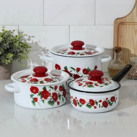 Набор посуды «Рамо», 3 шт: кастрюли 2/3,5 л; ковш с крышкой 1,5 л, цвет белый