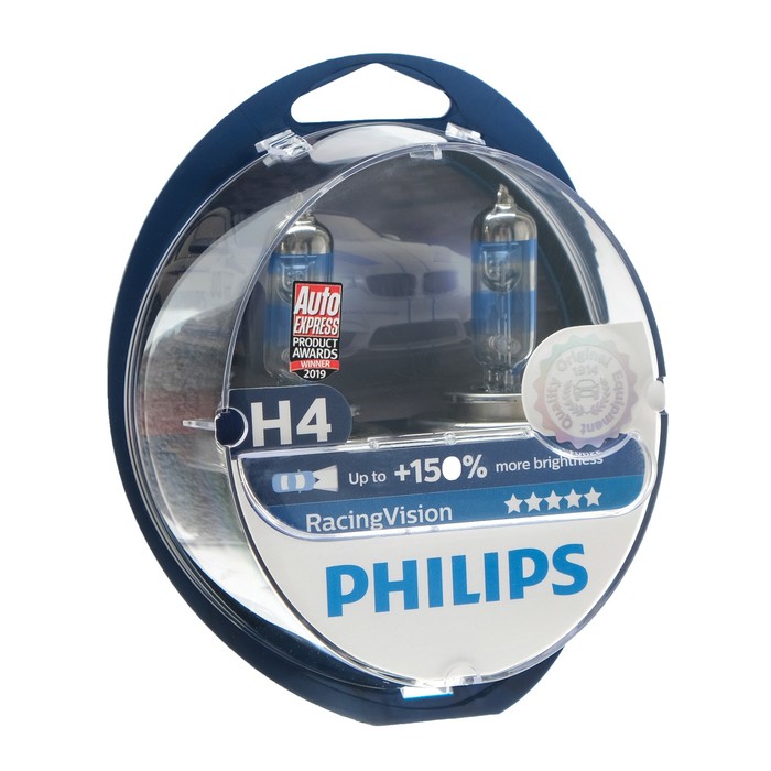 Лампа автомобильная Philips, H4, 12В, 60/55 Вт, Racing Vision +150 %, набор 2 шт