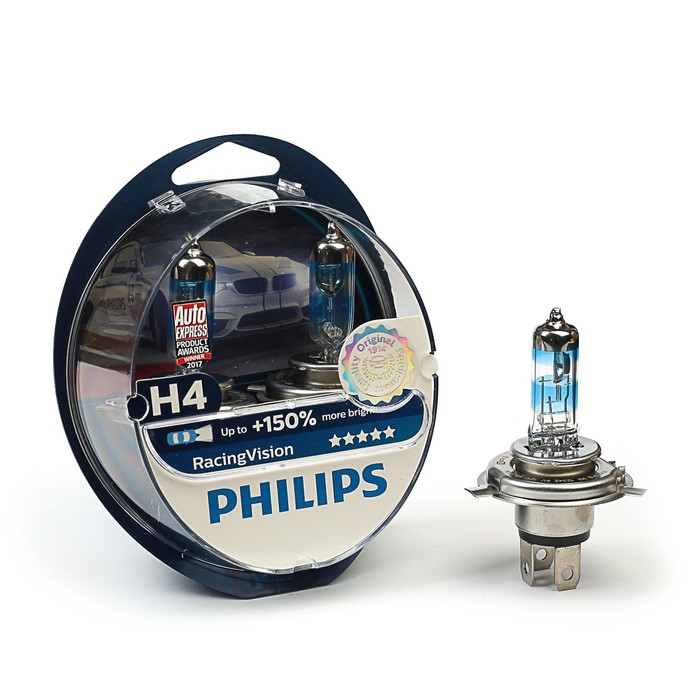 Лампа автомобильная Philips, H4, 12В, 60/55 Вт, Racing Vision +150 %, набор 2 шт