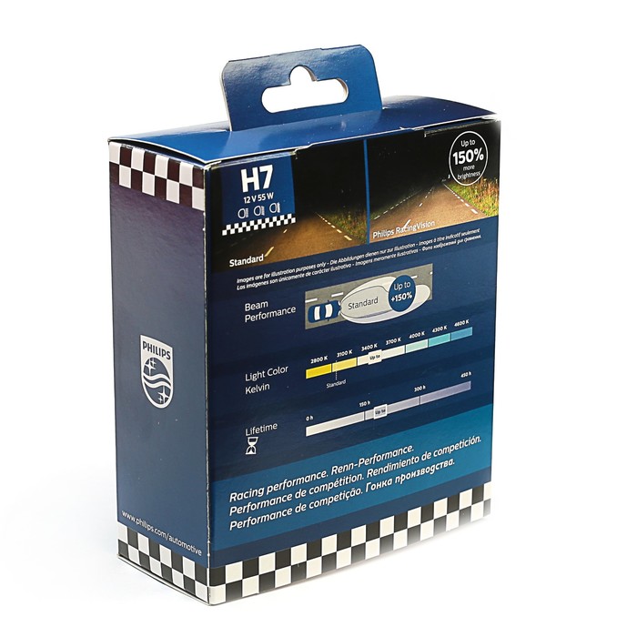 Лампа автомобильная Philips, H7, 12В, 60/55 Вт, Racing Vision +150 %, набор 2 шт