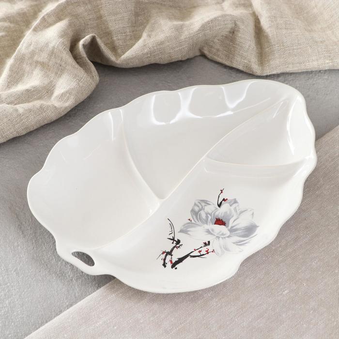 Блюдо "Лист" белое с деколью, микс