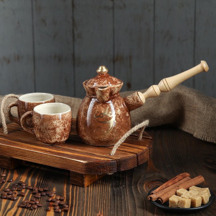 Кофейный набор "Мрамор" коричневый, 3 предмета, 0,45 л/ 0,07 л