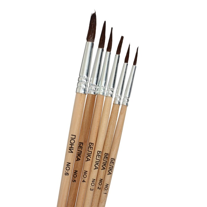Набор кистей, белка круглые, 6 шт.: №1, 2, 3, 4, 5, 6, с деревянными ручками, на блистере