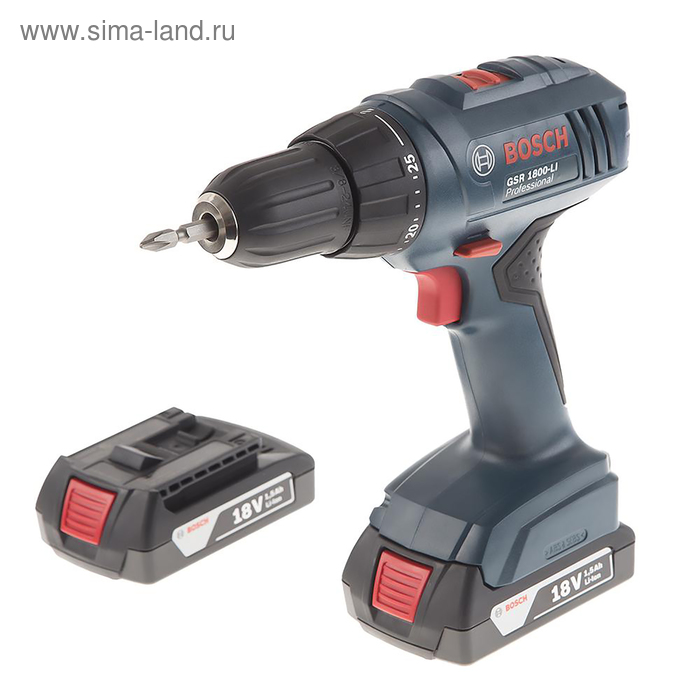 Акк.дрель  BOSCH GSR 1800-LI (06019A8307), 18 В, 2x1.5 А/ч, 10 мм, 1300 об/мин, 33 Н/м