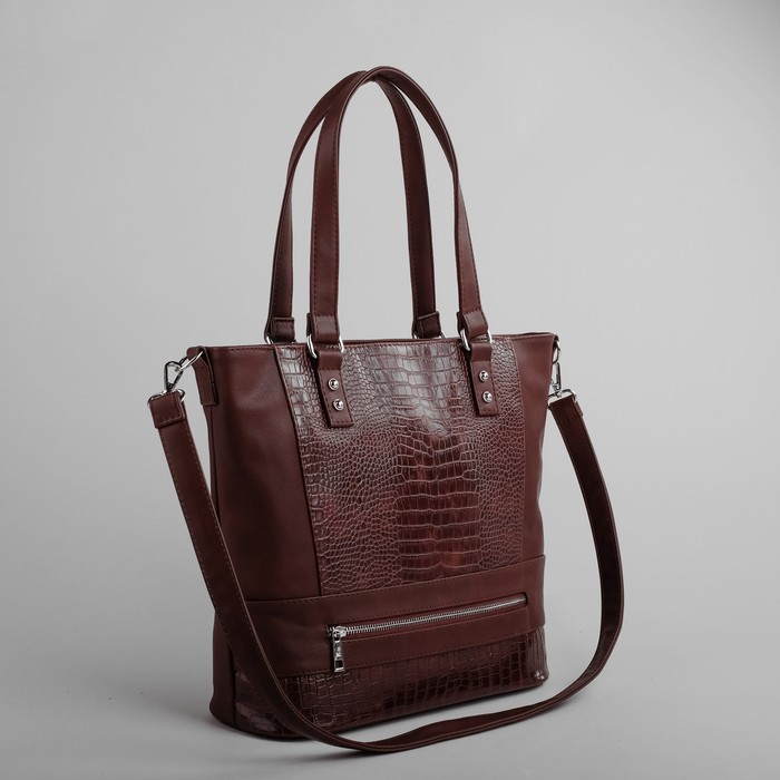 Сумка женская на молнии, 1 отдел, наружный карман, длинный ремень, коричневая